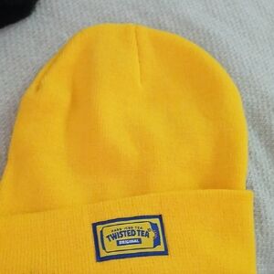 Twisted Tea Yellow Knit Beanie with Blue Patch